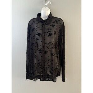 Zara Velvet Burnout Button Up Shirt Size L Black Sheer Floral Fairy Vamp Whimsy